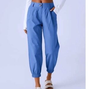 HARLARA NWOT Blue Pleated High Waist Jogger Pant Ankle Tapered Trouser Large
